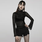 PUNK RAVE Women's Gothic Contrast Color Sheer Floral Lace Shirt