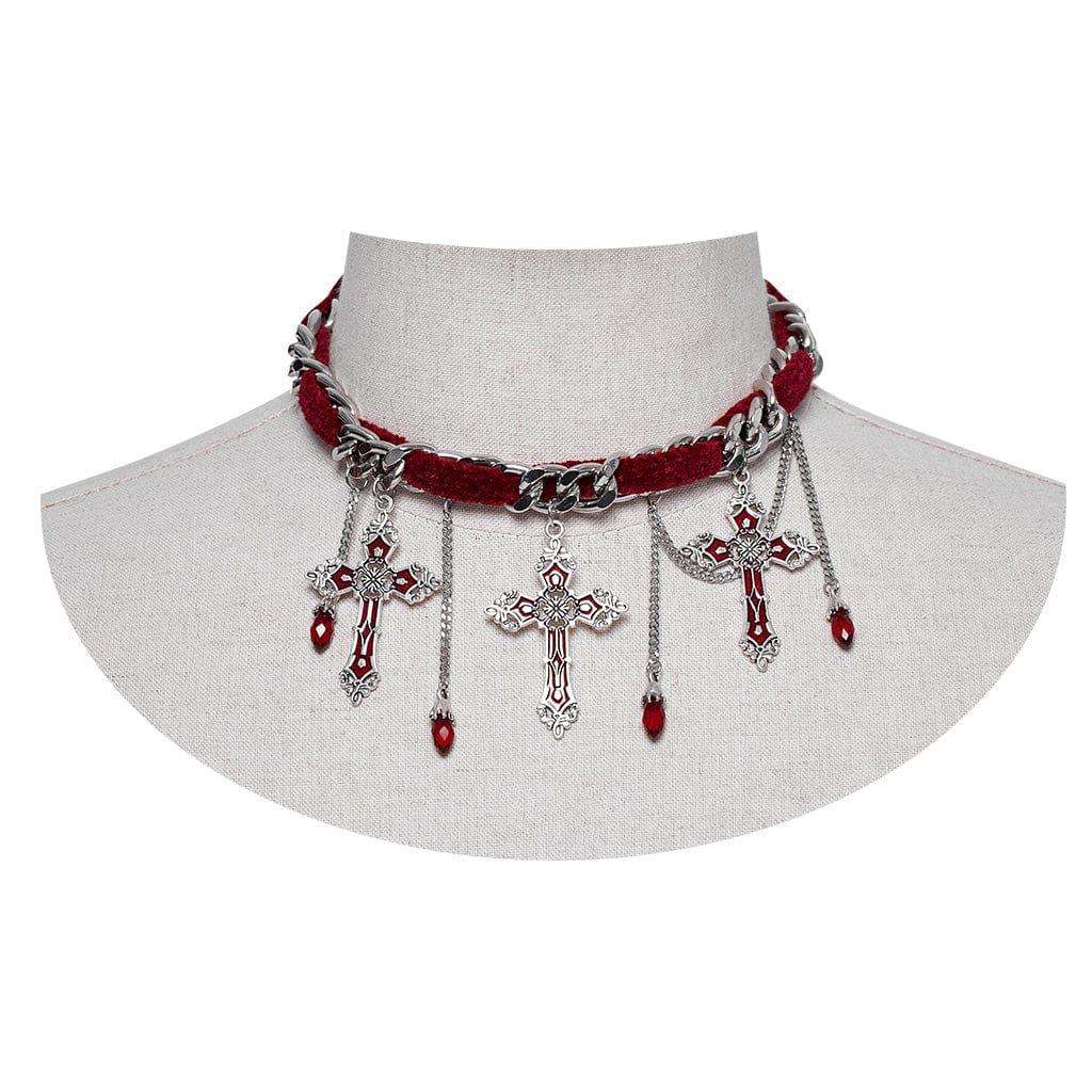 PUNK RAVE Women's Gothic Cross Choker Red