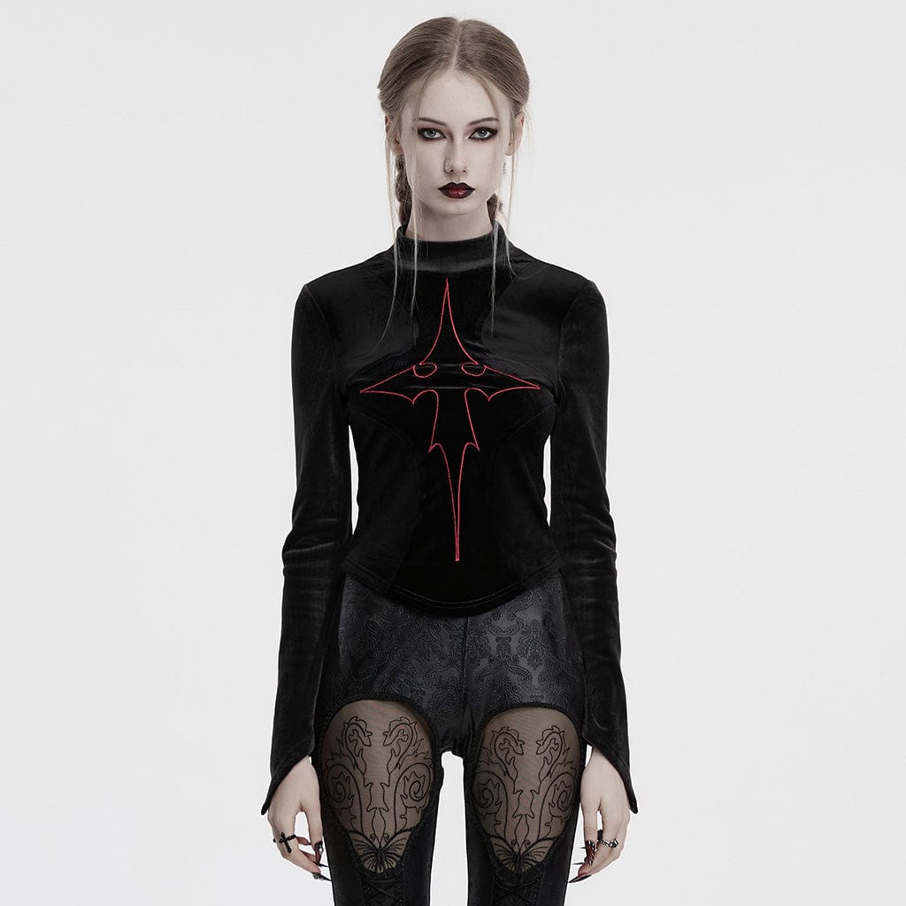 PUNK RAVE Women's Gothic Cross Embroidered Velvet Shirt Black