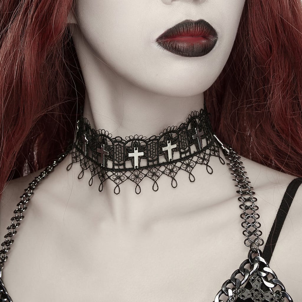 PUNK RAVE Women's Gothic Cross Lace Choker