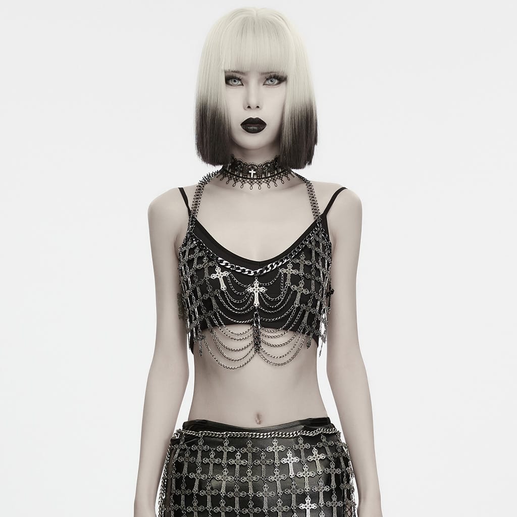 PUNK RAVE Women's Gothic Cross Layered Chain Chest Body Harness
