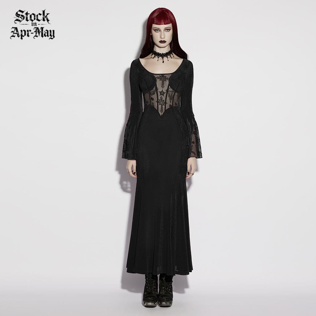PUNK RAVE Women's Gothic Cross Square-cut Collar Flared Sleeved Dress Black