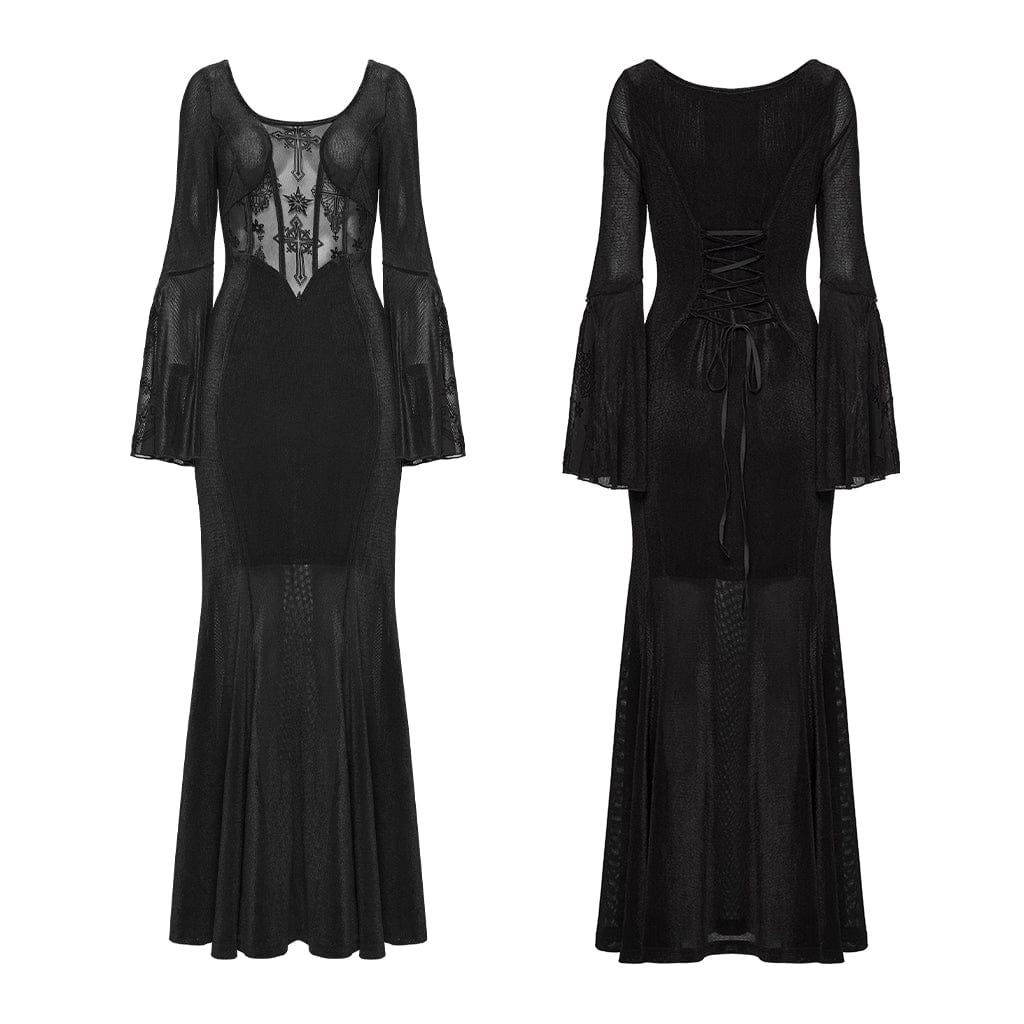 PUNK RAVE Women's Gothic Cross Square-cut Collar Flared Sleeved Dress Black