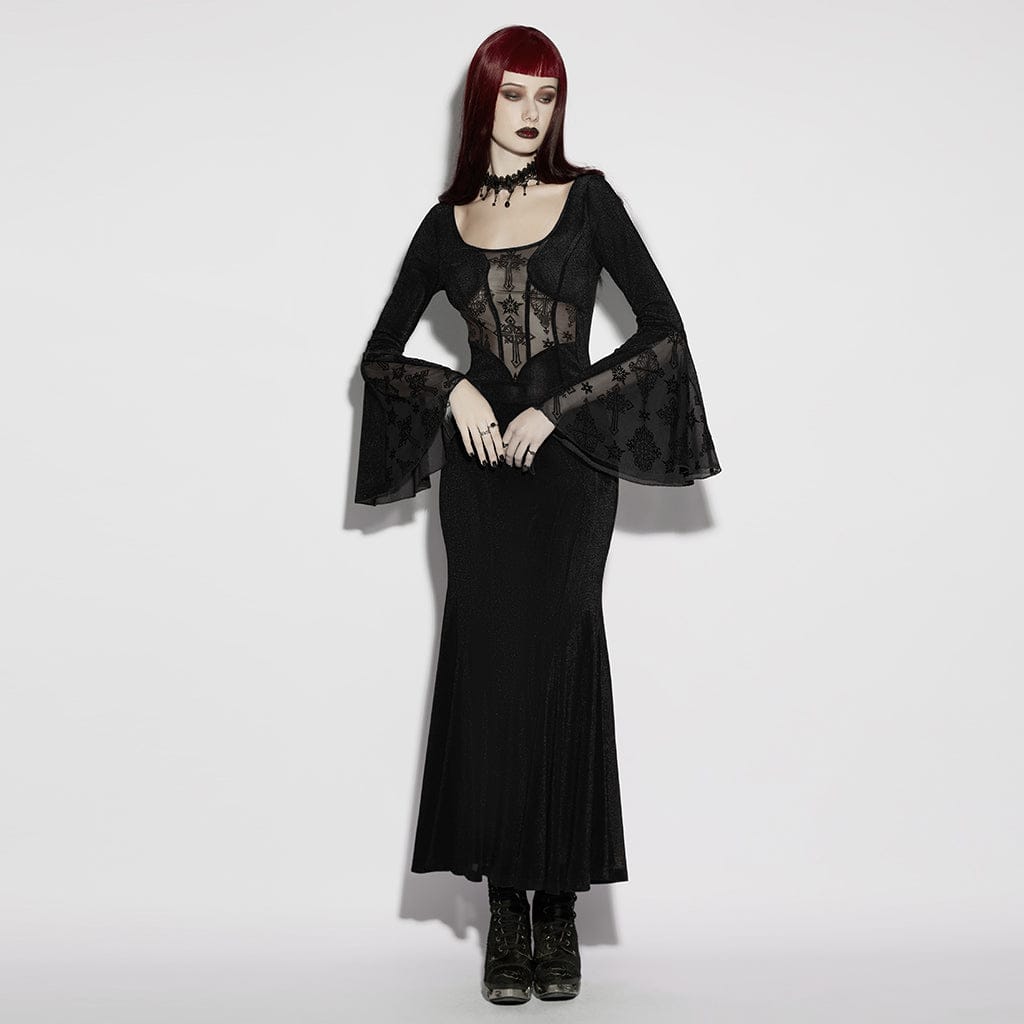 PUNK RAVE Women's Gothic Cross Square-cut Collar Flared Sleeved Dress Black