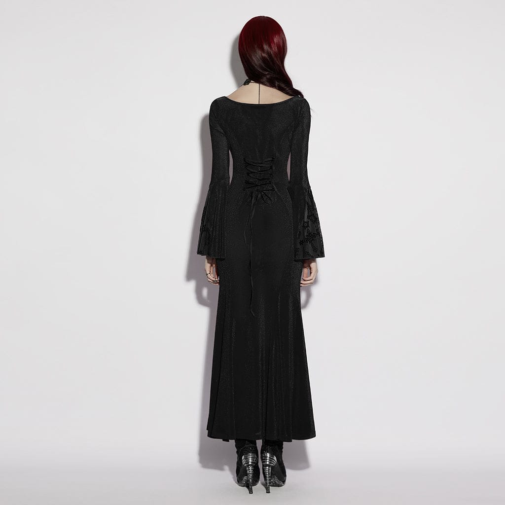 PUNK RAVE Women's Gothic Cross Square-cut Collar Flared Sleeved Dress Black