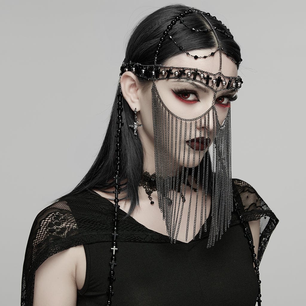 PUNK RAVE Women's Gothic Cross Tassels Chained Headwear