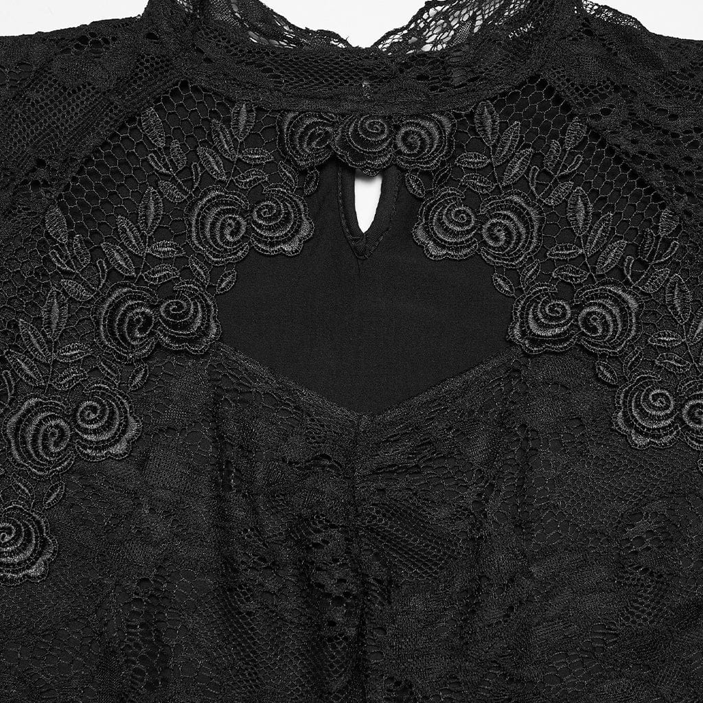 PUNK RAVE Women's Gothic Cutout Lace Short Sleeved Top