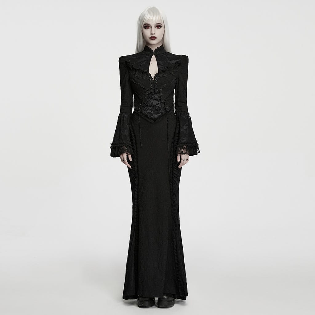 PUNK RAVE Women's Gothic Cutout Lace-up Chained Flare Sleeve Maxi Dress Black