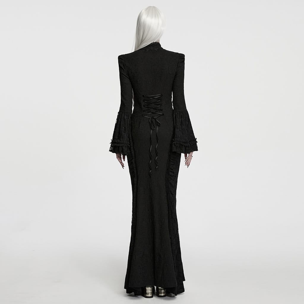 PUNK RAVE Women's Gothic Cutout Lace-up Chained Flare Sleeve Maxi Dress Black