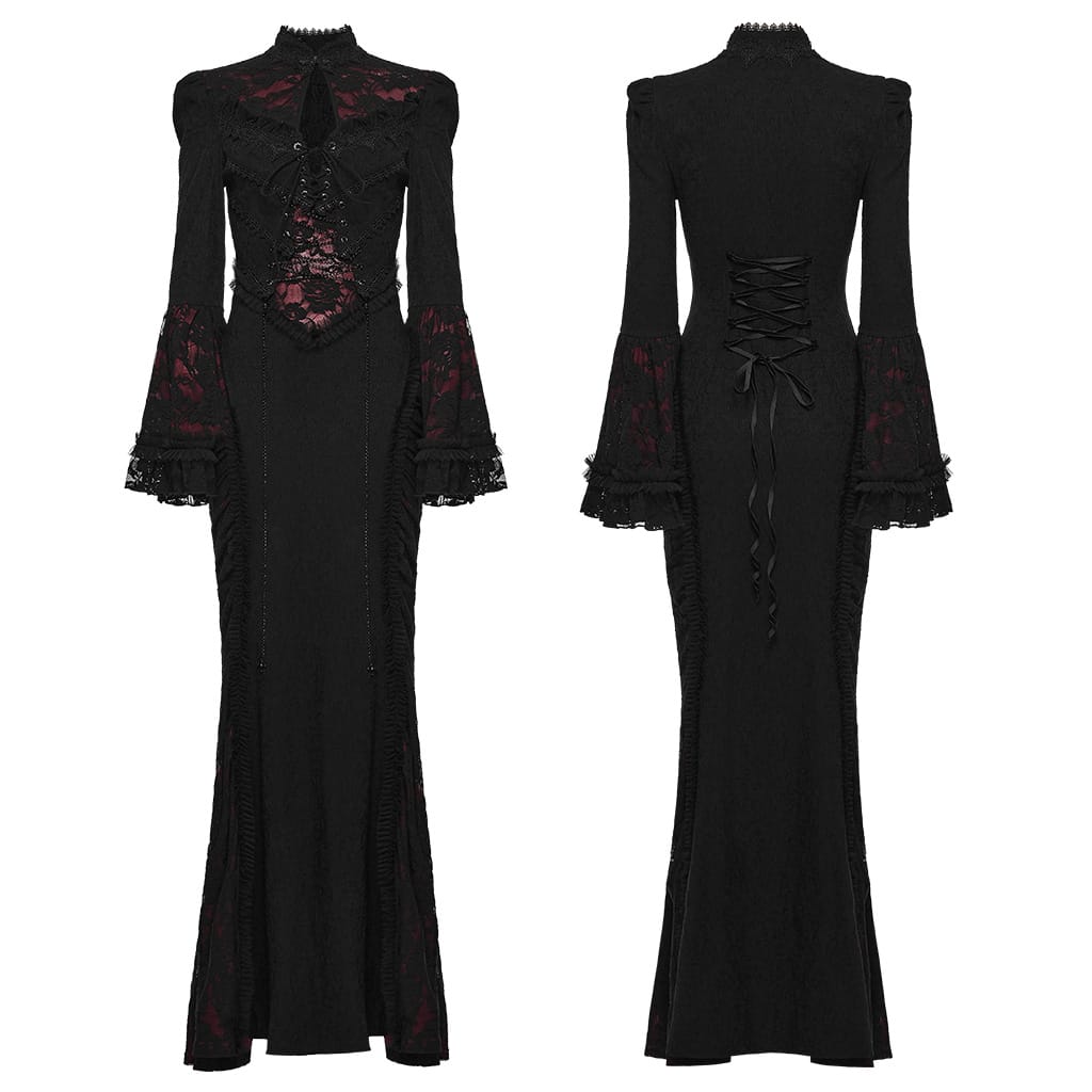 PUNK RAVE Women's Gothic Cutout Lace-up Chained Flare Sleeve Maxi Dress Black-Red