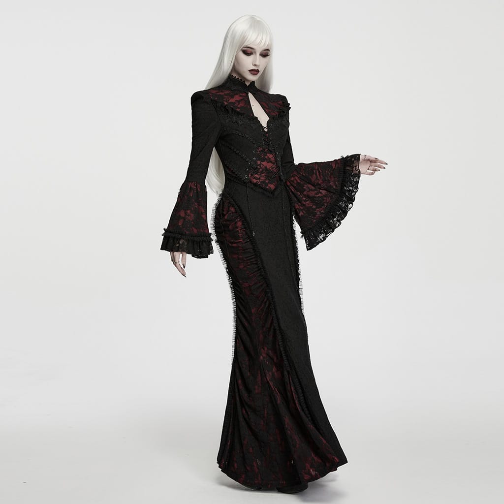 PUNK RAVE Women's Gothic Cutout Lace-up Chained Flare Sleeve Maxi Dress Black-Red