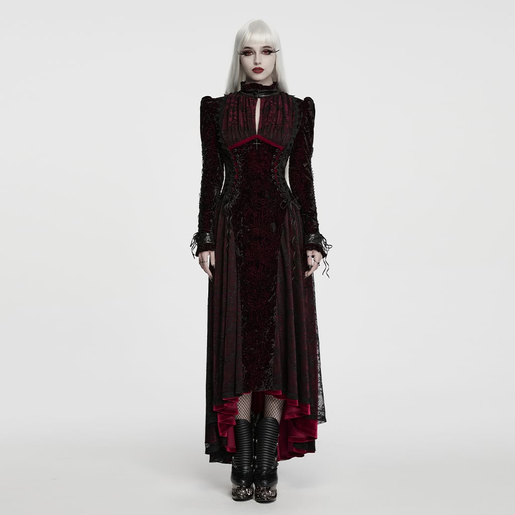 PUNK RAVE Women's Gothic Cutout Lace-up Irregular Hem Maxi Dress Black-Red