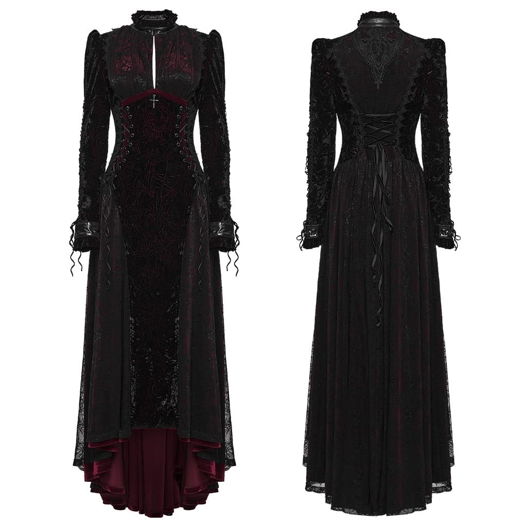 PUNK RAVE Women's Gothic Cutout Lace-up Irregular Hem Maxi Dress Black-Red