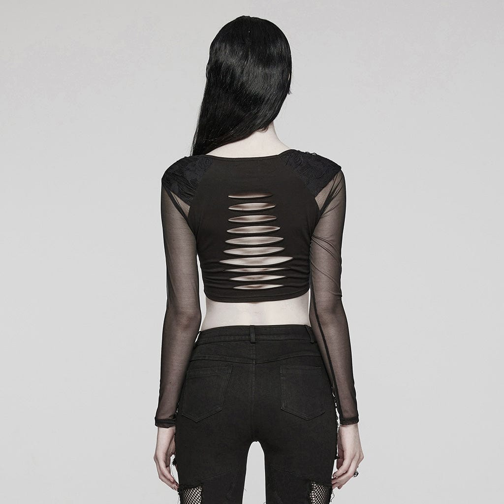 PUNK RAVE Women's Gothic Cutout Mesh Buckle Long Sleeved Crop Top