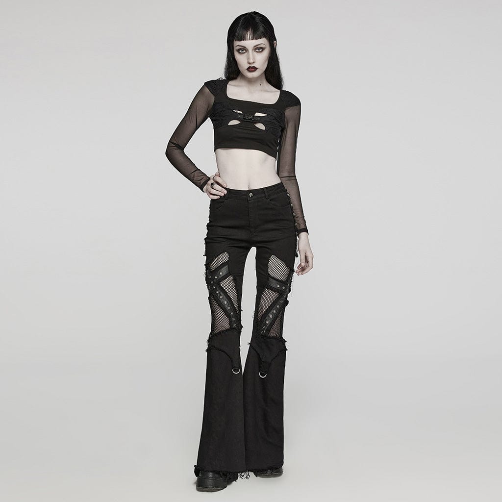 PUNK RAVE Women's Gothic Cutout Mesh Buckle Long Sleeved Crop Top