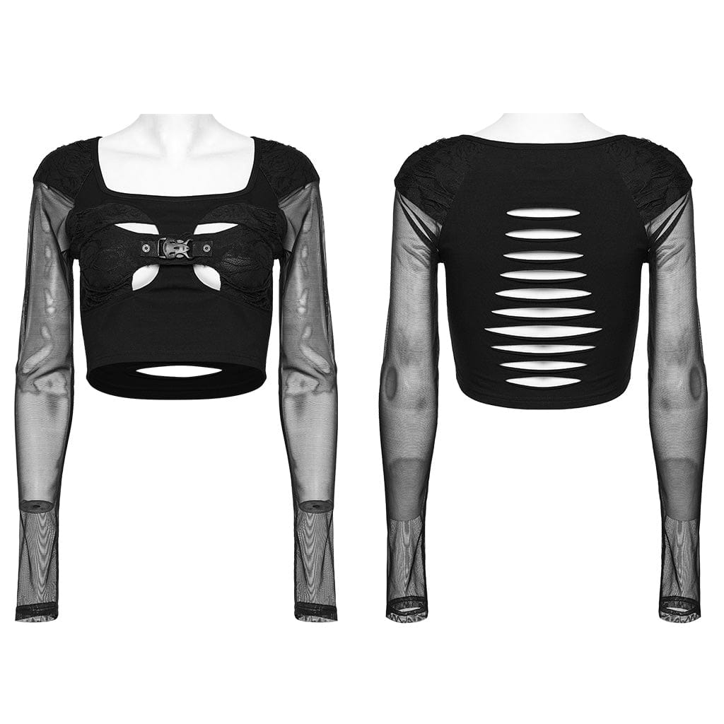 PUNK RAVE Women's Gothic Cutout Mesh Buckle Long Sleeved Crop Top