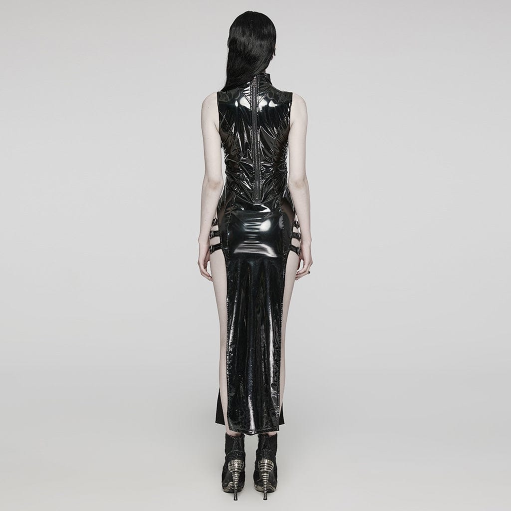 PUNK RAVE Women's Gothic Cutout Side Slit Buckle Maxi Dress