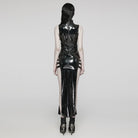 PUNK RAVE Women's Gothic Cutout Side Slit Buckle Maxi Dress