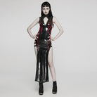 PUNK RAVE Women's Gothic Cutout Side Slit Buckle Maxi Dress Black-Red