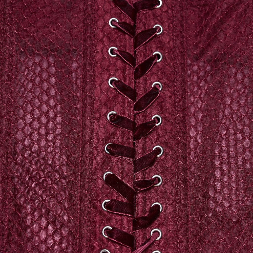 PUNK RAVE Women's Gothic Decal Sheer Lace-up Overbust Corset Red