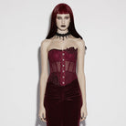 PUNK RAVE Women's Gothic Decal Sheer Lace-up Overbust Corset Red
