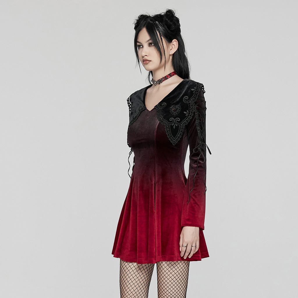 PUNK RAVE Women's Gothic Doll Collar Gradient Velvet Prom Dress Red