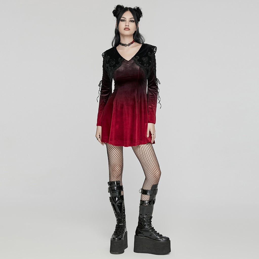 PUNK RAVE Women's Gothic Doll Collar Gradient Velvet Prom Dress Red