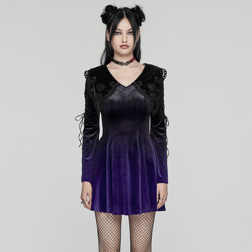 PUNK RAVE Women's Gothic Doll Collar Gradient Velvet Prom Dress Violet