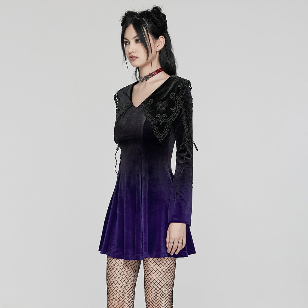 PUNK RAVE Women's Gothic Doll Collar Gradient Velvet Prom Dress Violet