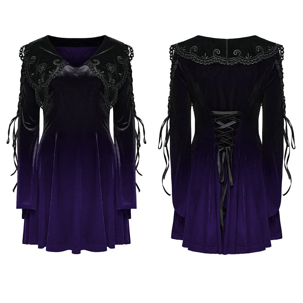 PUNK RAVE Women's Gothic Doll Collar Gradient Velvet Prom Dress Violet