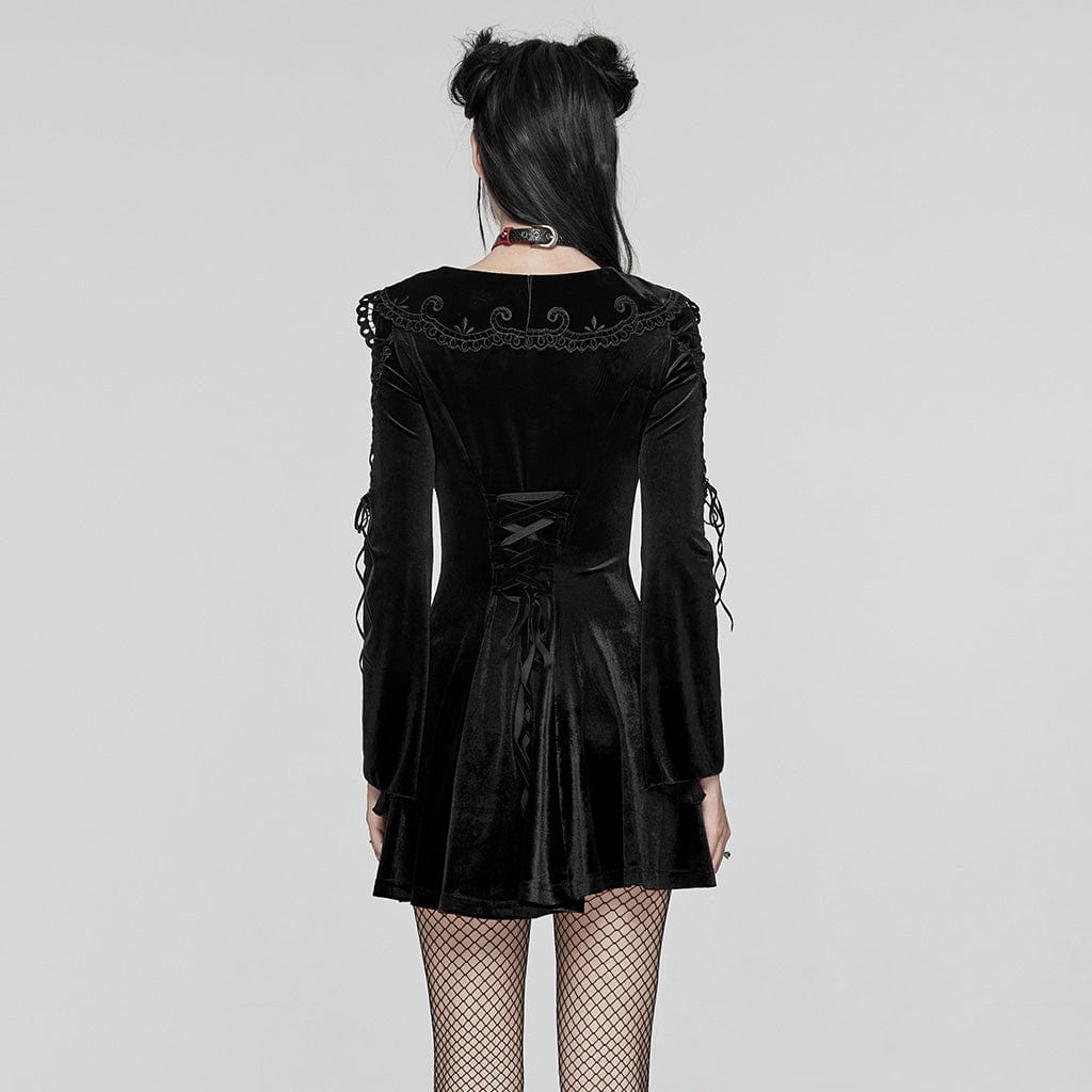 PUNK RAVE Women's Gothic Doll Collar Lace-up Velvet Prom Dress Black