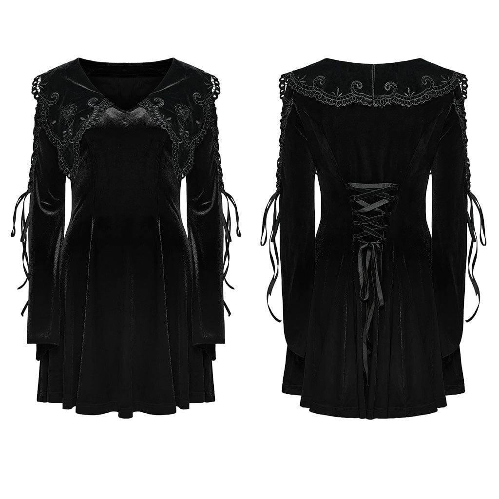 PUNK RAVE Women's Gothic Doll Collar Lace-up Velvet Prom Dress Black