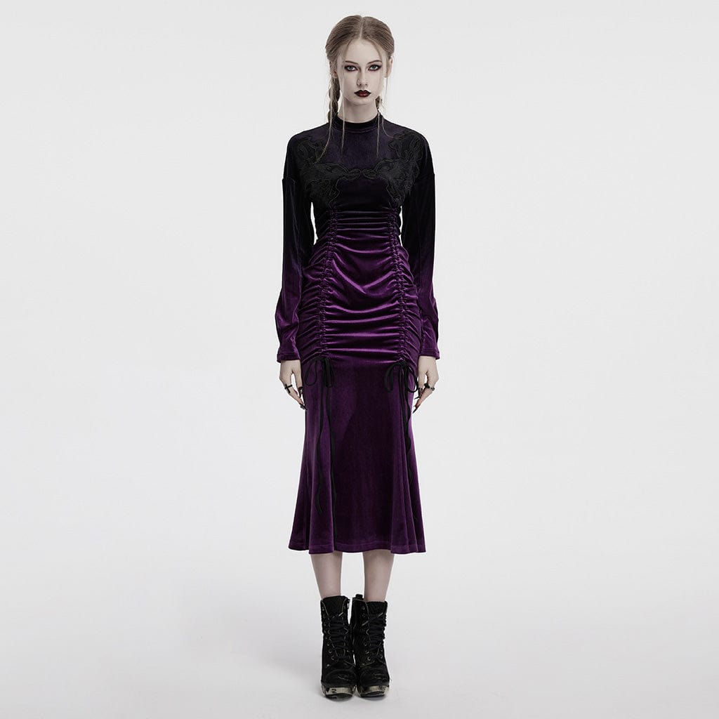 PUNK RAVE Women's Gothic Drawstring Gradient Velvet Prom Dress