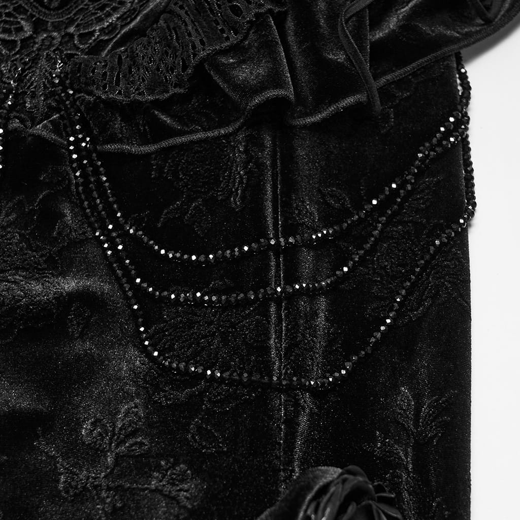 PUNK RAVE Women's Gothic Embroidered Beaded Ruffle Trim Jacquard Velvet Maxi Skirt