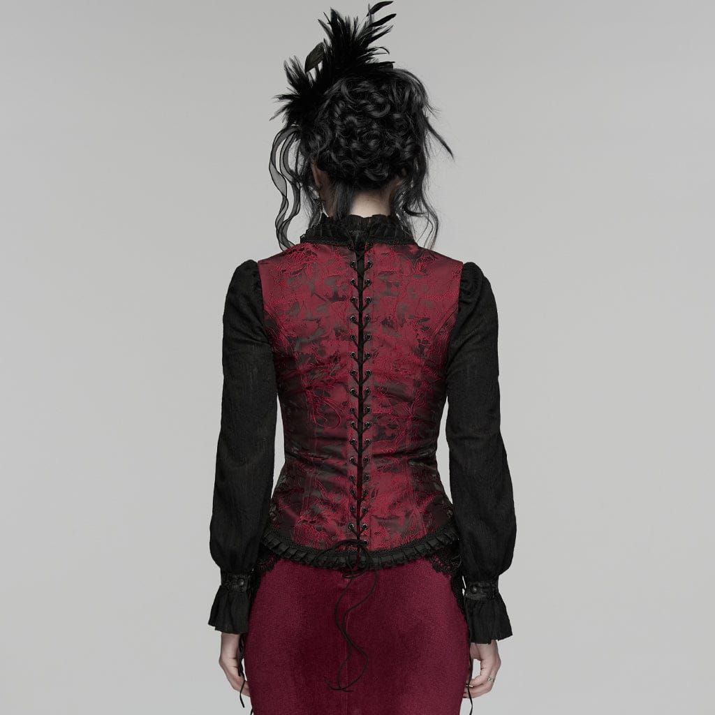 PUNK RAVE Women's Gothic Embroidered Jacquard Lace-up Vest Black-Red