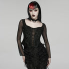 PUNK RAVE Women's Gothic Embroidered Lace-up Long Sleeved Top