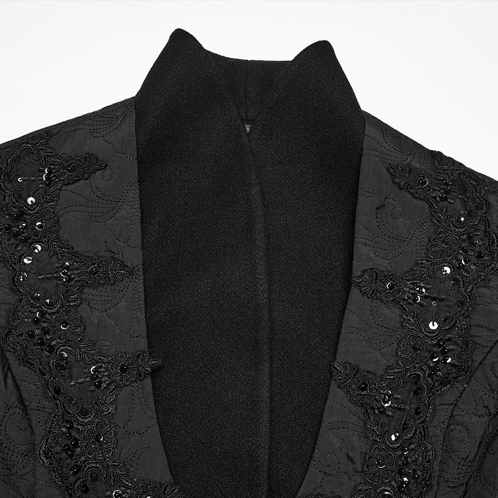PUNK RAVE Women's Gothic Embroidered Stand Collar Asymmetric Long Jacket