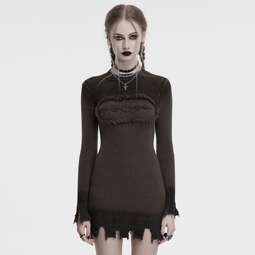 PUNK RAVE Women's Gothic Embroidered Unedged Gradient Knitted Dress Coffee