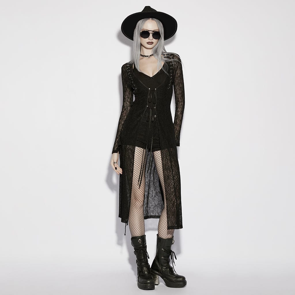 PUNK RAVE Women's Gothic Eyelet Sheer Long Sleeved Cardigan