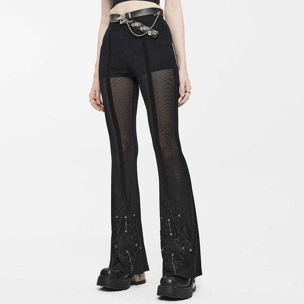 PUNK RAVE Women's Gothic Eyelet Splice Mesh Flared Pants