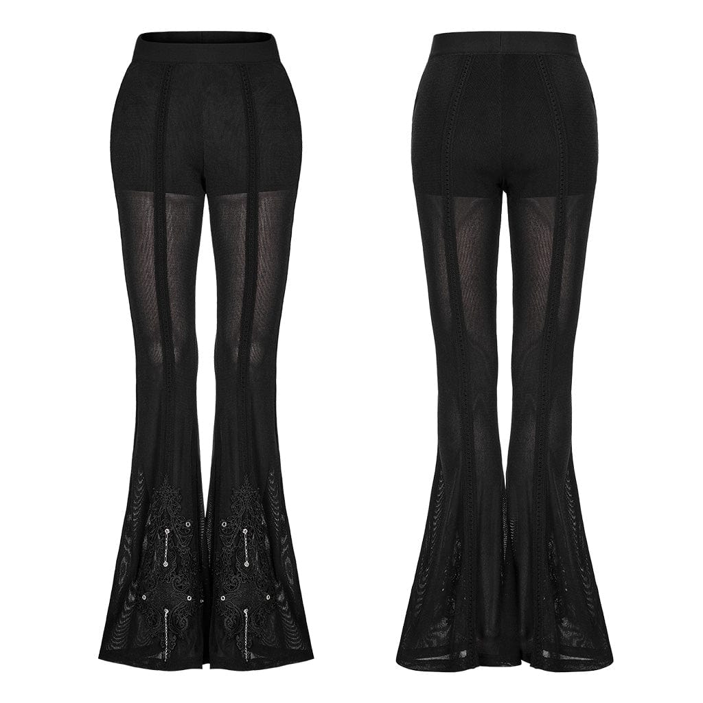 PUNK RAVE Women's Gothic Eyelet Splice Mesh Flared Pants