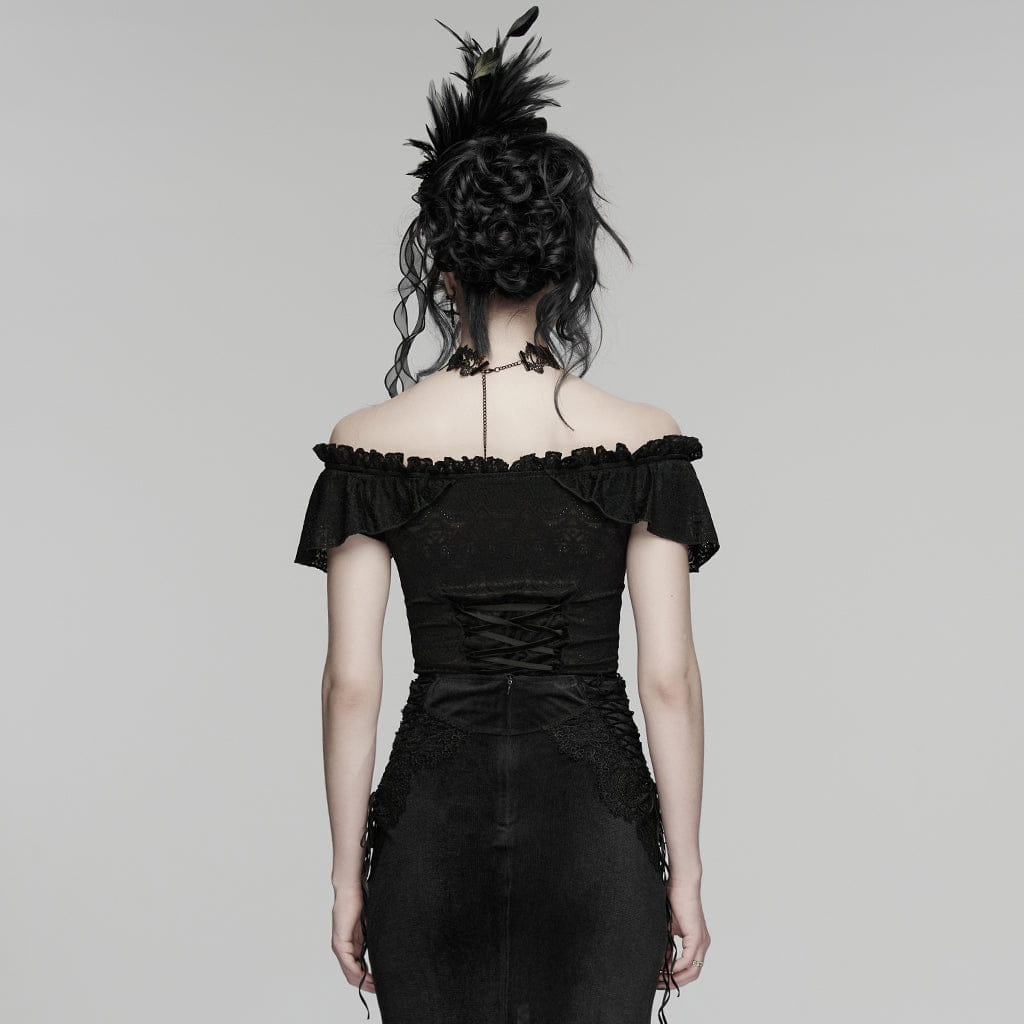 PUNK RAVE Women's Gothic Falbala Off Shoulder Short Sleeved Top