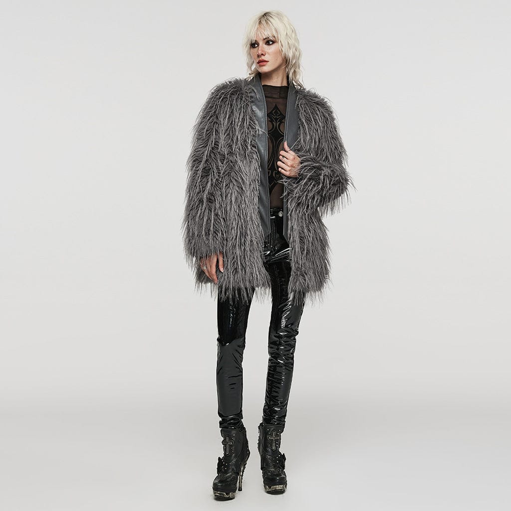 PUNK RAVE Women's Gothic Faux Fur Splice Faux Leather Coat Grey