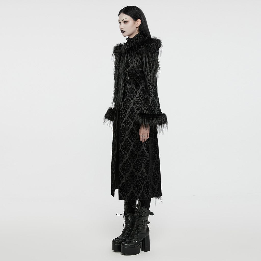 PUNK RAVE Women's Gothic Faux Fur Splice Jacquard Coat with Hood