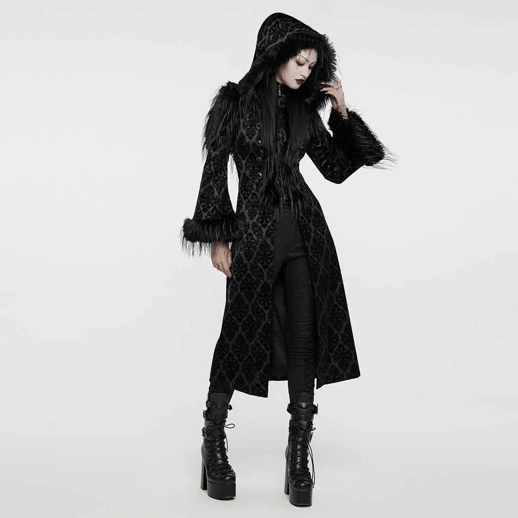 PUNK RAVE Women's Gothic Faux Fur Splice Jacquard Coat with Hood