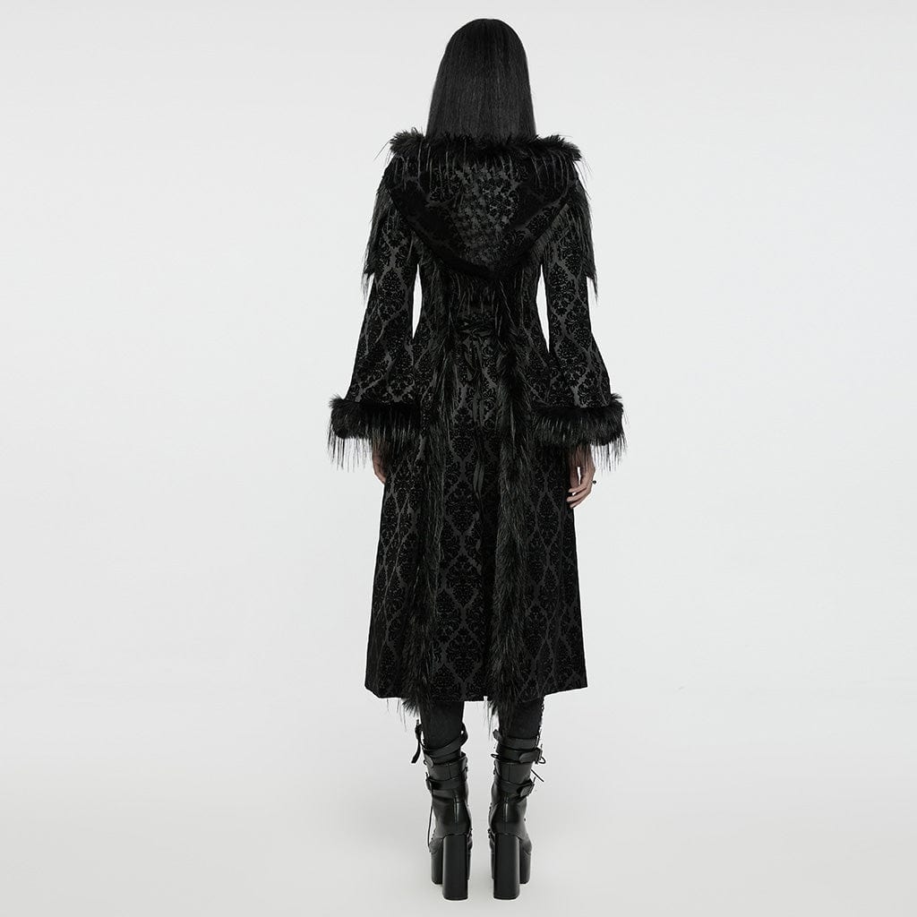 PUNK RAVE Women's Gothic Faux Fur Splice Jacquard Coat with Hood