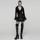 PUNK RAVE Women's Gothic Faux Fur Splice V-neck Lace-up Cardigan