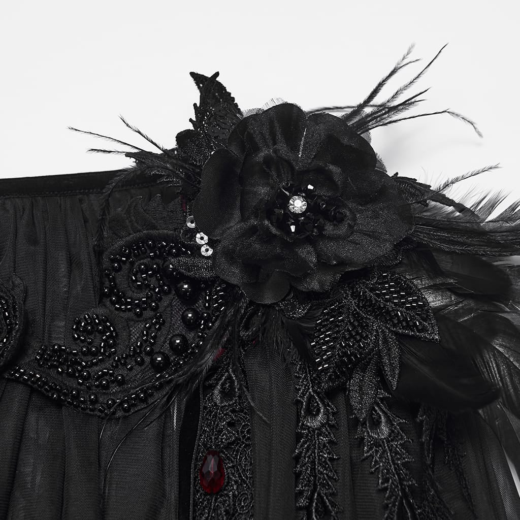PUNK RAVE Women's Gothic Feather Beaded Applique Mesh Cloak
