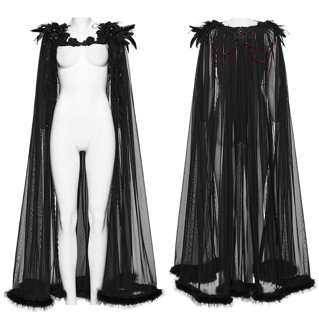 PUNK RAVE Women's Gothic Feather Beaded Applique Mesh Cloak