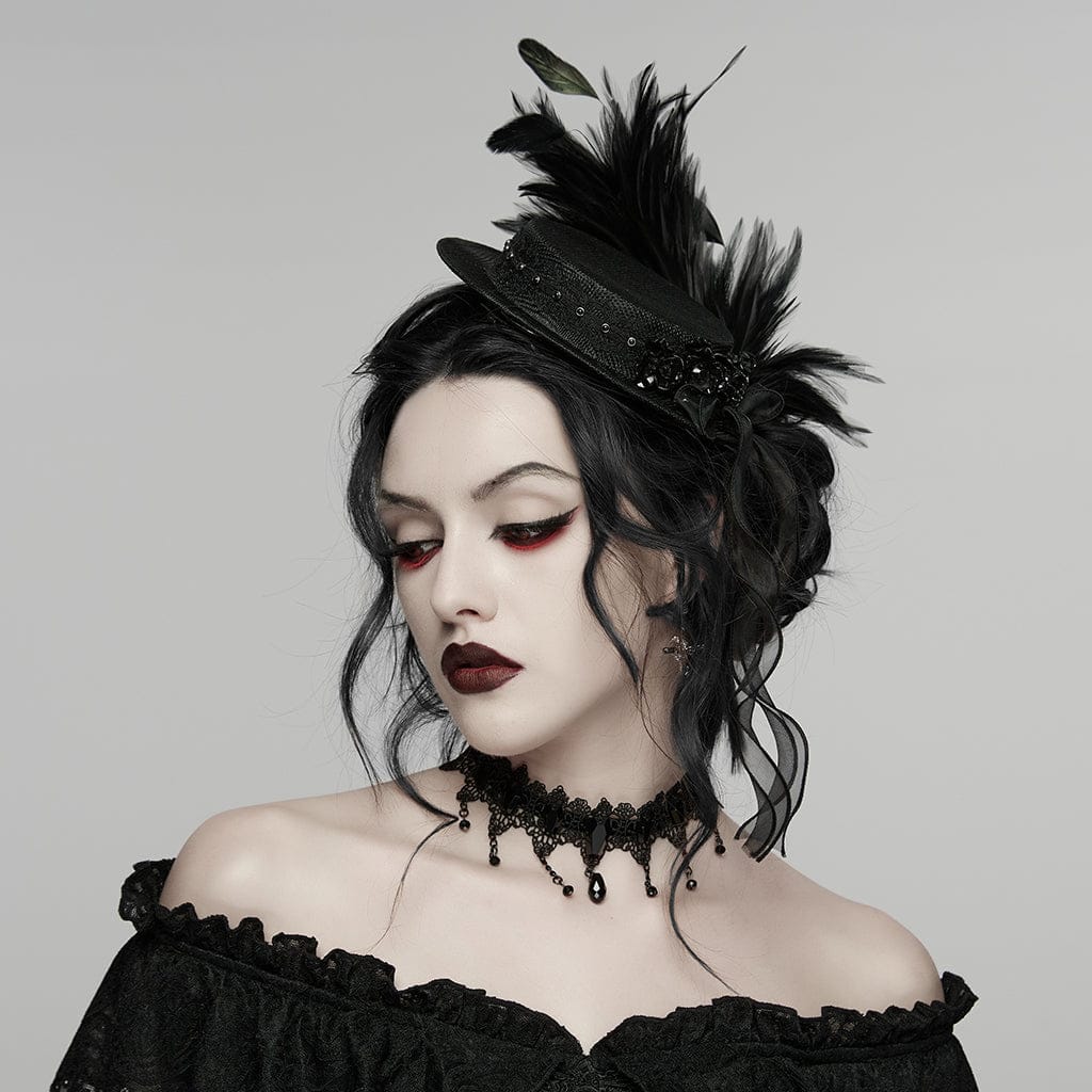 PUNK RAVE Women's Gothic Feather Ribbon Hat